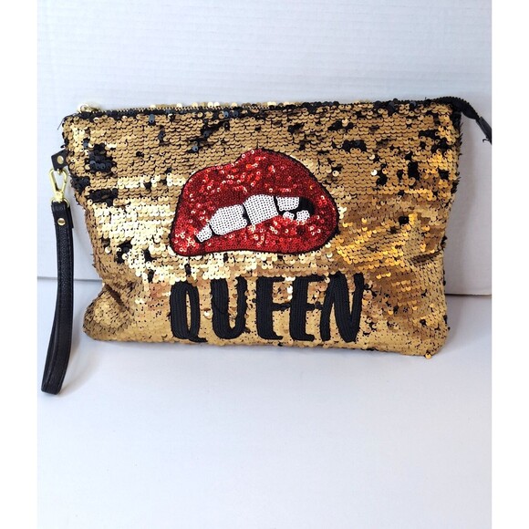 Steve Madden Large Sequined QUEEN Clutch Wallet Gold Zipper Festival Party Y2K - Picture 1 of 11